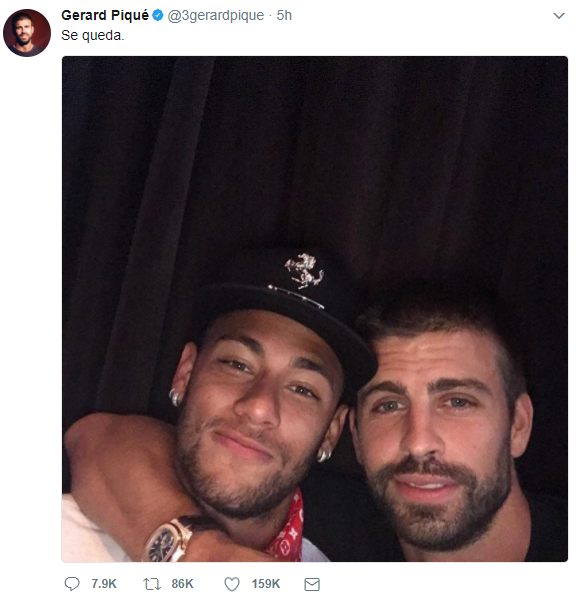 Pique viết rằng Neymar sẽ ở lại trên Twitter