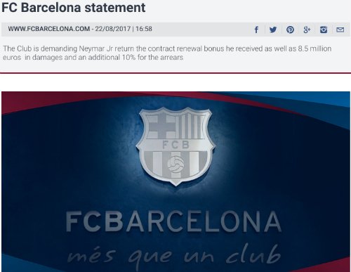 Thông báo khởi kiện, đòi nợ Neymar trên trang chủ Barca.
