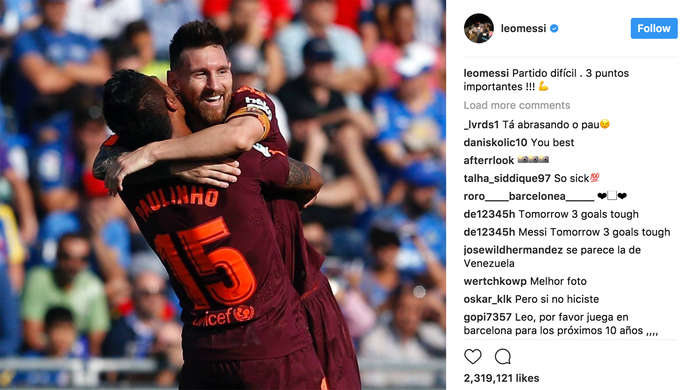Bức ảnh được Lionel Messi chia sẻ lên mạng xã hội Instagram, chụp cảnh anh đang ăn mừng với Paulinho, tác giả bàn thắng quyết định giúp Barca ngược dòng đánh bại chủ nhà Getafe ở vòng bốn La Liga.