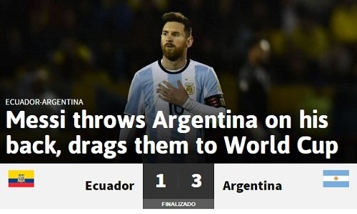 "Messi ném Argentina lên vai và cõng họ đến World Cup" - cái tít ấn tượng của AS.
