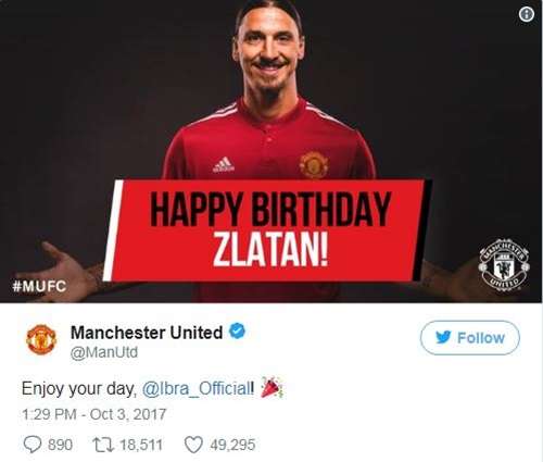 Trang Twitter của Man Utd gửi lời chúc mừng sinh nhật tới Ibrahimovic hôm 3/10