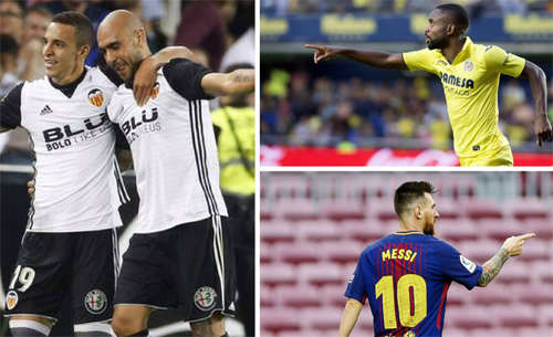 Đuổi theo Messi đang là Rodrigo, Zaza (áo trắng) và Bakambu (áo vàng)