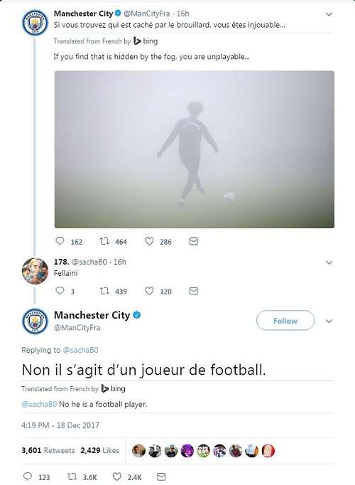 Tài khoản Twitter của Man City ám chỉ Fellaini không phải cầu thủ