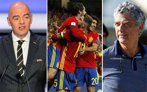 Chủ tịch FIFA, Gianni Infantino (trái) và cựu Chủ tịch Liên đoàn bóng đá Tây Ban Nha, Angel Maria Villar (phải) có thể khiến tuyển Tây Ban Nha rời xa World Cup. 