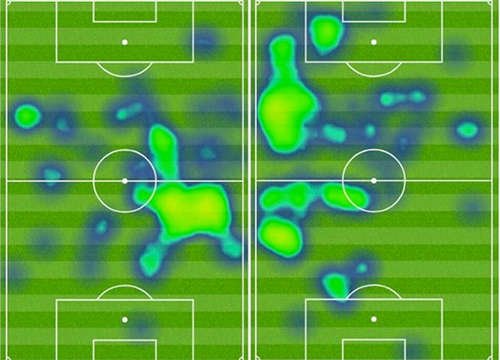 Bản đồ nhiệt về tầm hoạt động của Pogba ở các trận gặp Southampton (bên trái) và Everton (bên phải).