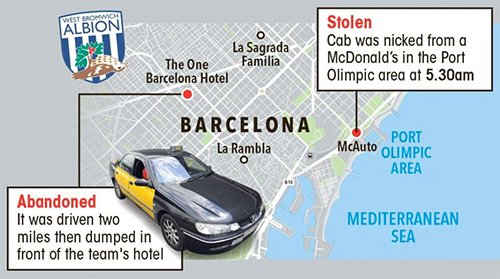 Chiếc taxi bị ăn trộm bên ngoài nhà hàng McDonald's ở cảng Olimpic lúc 5h30 hôm 15/2, và lái về khách sạn cách đó 3,2 km.  