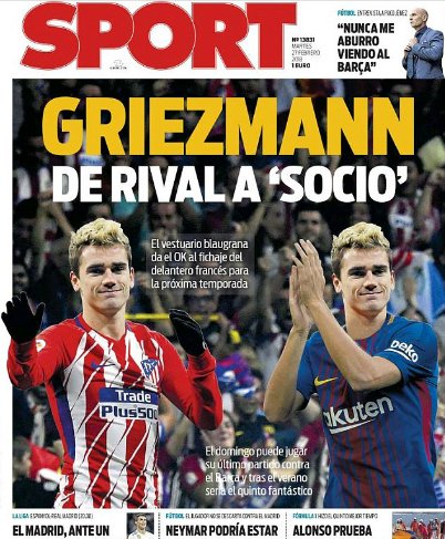 Trang bìa tờ Sport ngày 27/2.