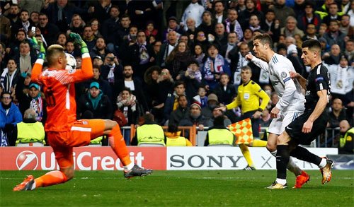 Areola cản được cú sút trong thế đối mặt của Ronaldo.
