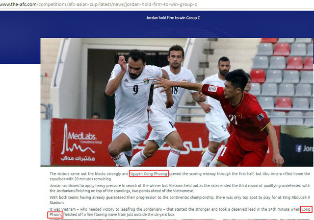 Trang chủ của AFC đưa tin... Công Phượng ghi bàn cho tuyển Việt Nam trước Jordan
