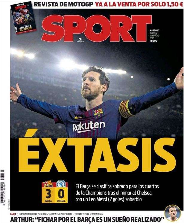 Tờ Sport (Tây Ban Nha) nổi bật với dòng tít: "Ngây ngây" để ca ngợi màn trình diễn đỉnh cao của Messi tại Nou Camp