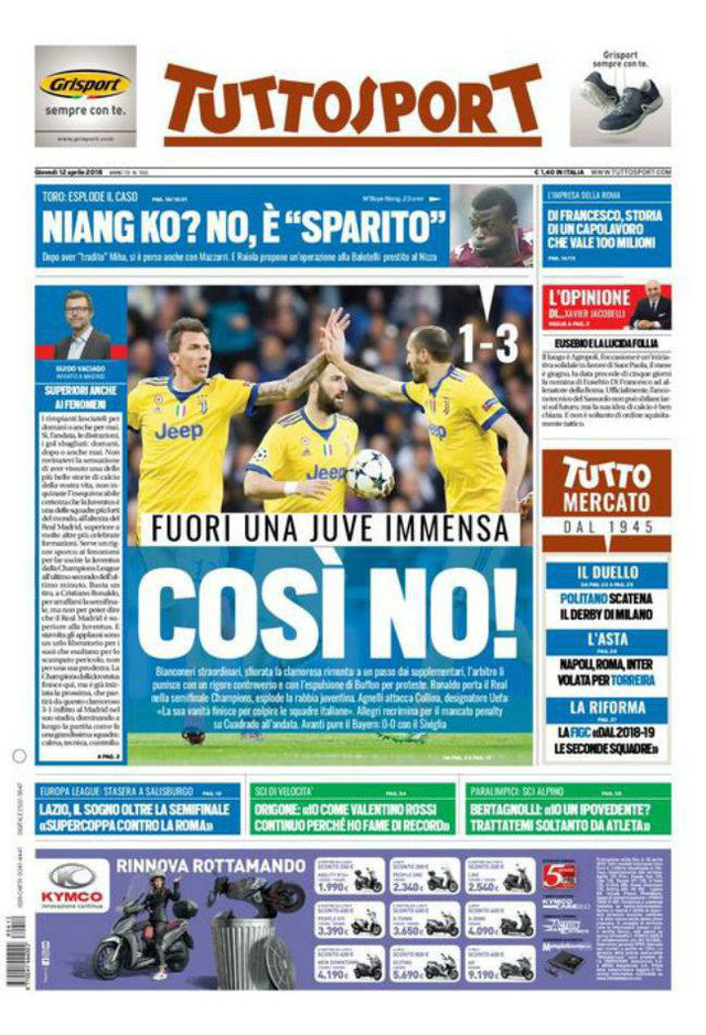 Tờ Tutto Sport (Turin) trút giận lên trọng tài khi Juventus bị loại đầy nghiệt ngã