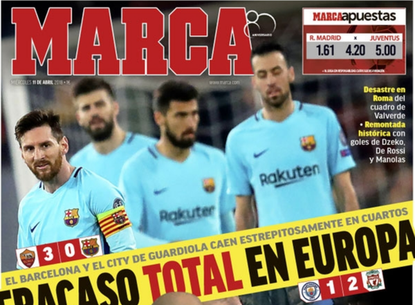 Báo chí Tây Ban Nha công kích Barca sau trận thua đậm AS Roma