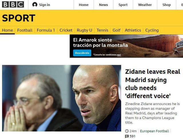 Tờ BBC (Anh) có bài: "Zidane rời Real Madrid và cho rằng CLB cần một tiếng nói mới"