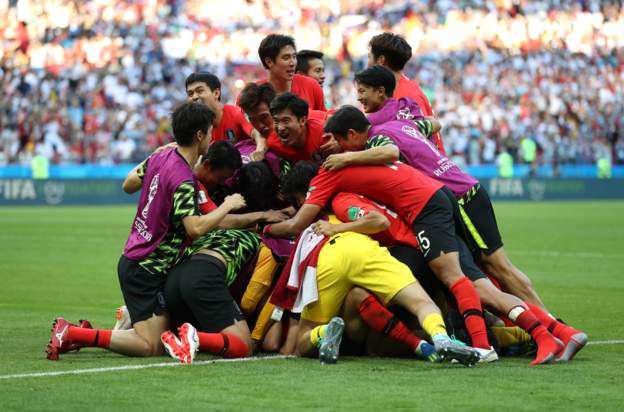 Niềm vui của các cầu thủ Hàn Quốc sau khi đánh bại Đức