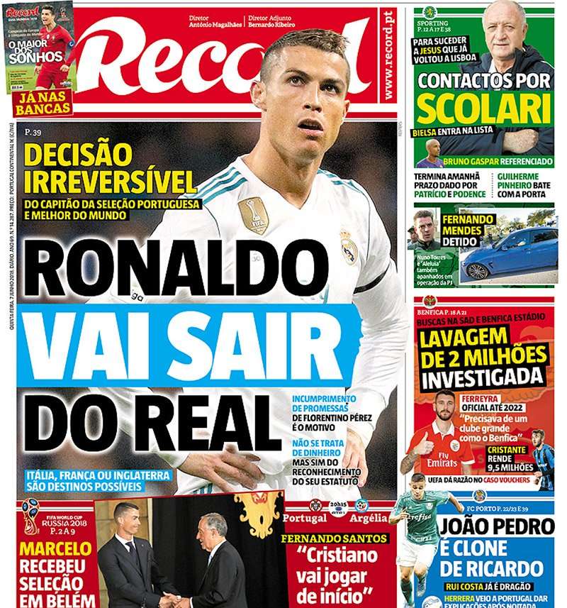 Tờ Record khẳng định chắc chắn Ronaldo rời Real Madrid