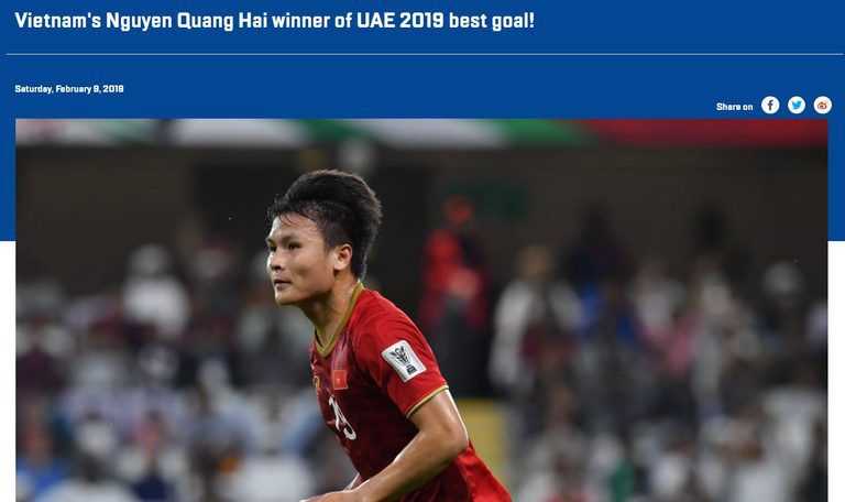 AFC đã chính thức công nhận giải Bàn thắng đẹp nhất Asian Cup 2019 của Quang Hải