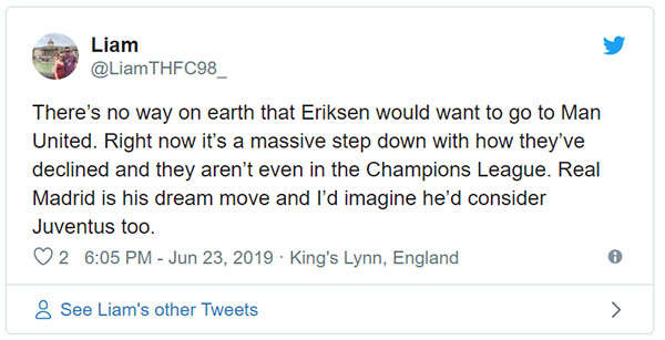 Không đời nào Eriksen muốn tới MU. Đó là một bước lùi lớn. Real Madrid là giấc mơ của anh ấy, và Juve cũng không tồi