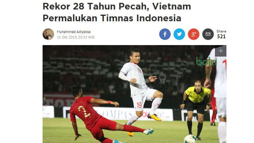 Tờ  Bola của Indonesia giật tít: “Kỷ lục 28 năm bị phá vỡ, tuyển Việt Nam hạ nhục Indonesia”