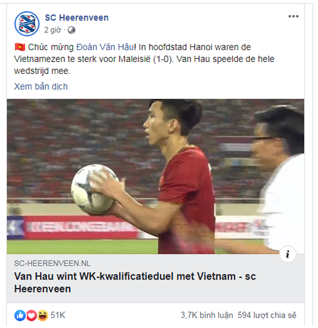 CLB Heerenveen lên tiếng chúc mừng Văn Hậu và đội tuyển Việt Nam
